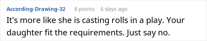 Comment discussing a woman too stunned to answer an acquaintance’s request to lend her daughter for a wedding, mentioning casting roles. - 38