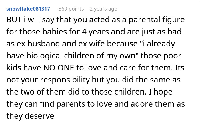 Comment discussing parental responsibility and care for adopted kids during a divorce involving CPS intervention.