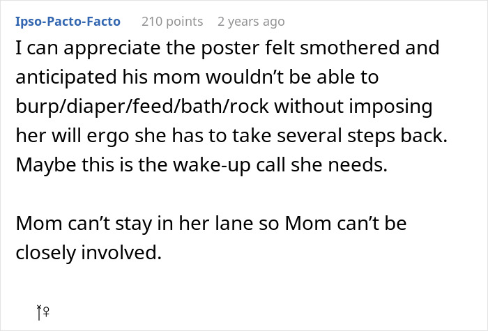 Comment about mom being overprotective and son allowing in-laws to help with baby care, expressing frustration.