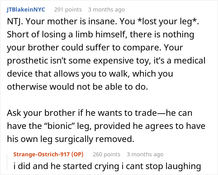 Comment thread discussing a girl who survives cancer and accepts prosthetic leg, highlighting brother&rsquo;s unfair comparison.