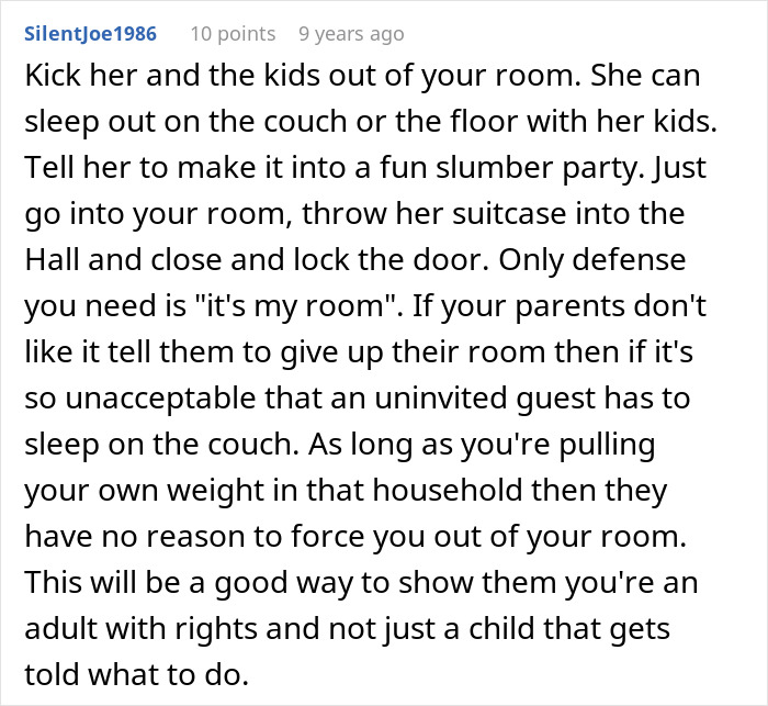 Screenshot of a Reddit comment discussing handling an aunt invading home, demanding free childcare, and causing conflict. - 25