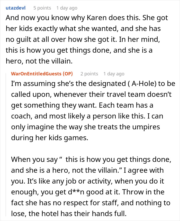 Screenshot of an online discussion about an obnoxious Karen getting her way using the hotel pool after closure. - 22