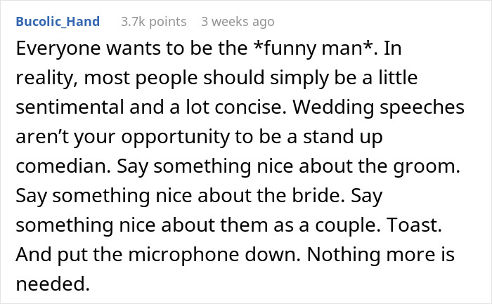 Text post discussing tips for delivering a best man&rsquo;s speech comparing the groom&rsquo;s bride choice to an IKEA trip.