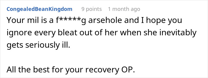 Screenshot of a Reddit comment supporting a woman battling cancer and criticizing her mother-in-law for being insensitive. - 26