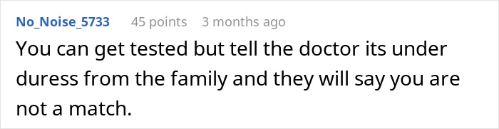 Comment text on a white background discussing refusal to donate an organ to a father who made childhood difficult.