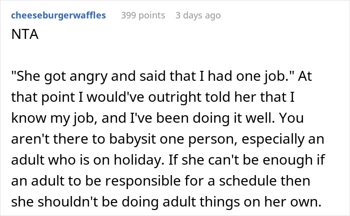 Comment discussing a tourist oversleeping multiple days and blaming the guide for not waking her on holiday. - 24