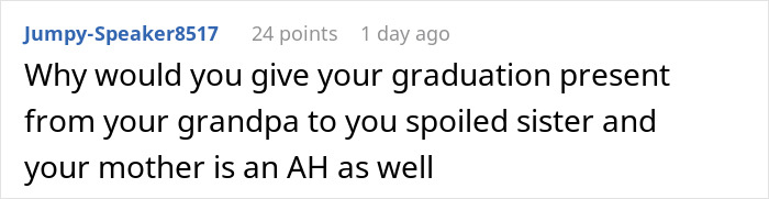 Comment discussing a grandpa gifting grandson $10K for college, and tension with mom about not sharing with sister. Comment discussing a grandpa gifting grandson $10K for college, and tension with mom about not sharing with sister.