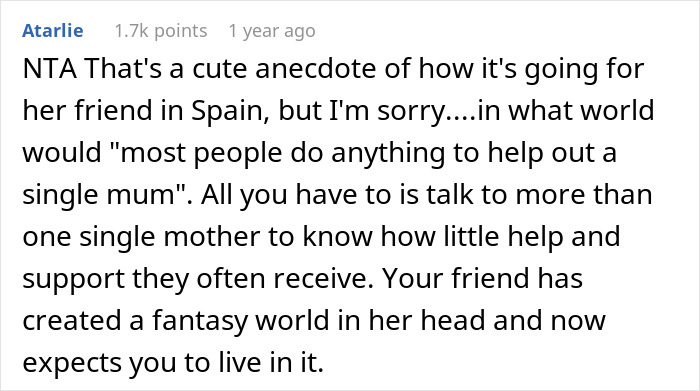Comment discussing the challenges a woman faces when she assumes her bestie will babysit forever as a single mom. - 17