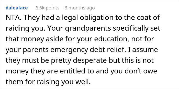 Screenshot of a Reddit comment discussing a teen refusing to sacrifice her future for parents’ financial mistakes. - 10