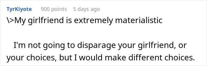 Screenshot of an online comment discussing a girlfriend’s materialism related to a small propose ring from sisters’ perspective. Screenshot of an online comment discussing a girlfriend’s materialism related to a small propose ring from sisters’ perspective.