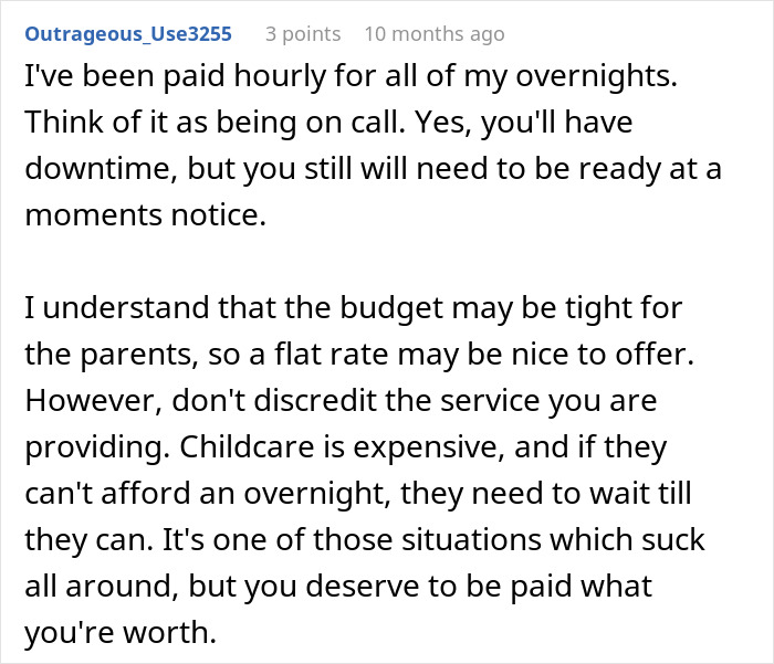 Comment on nanny pay fairness explaining overnight work hours and the need to be compensated fairly for childcare services. - 30