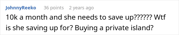 Comment on Reddit questioning a mother's spending despite receiving $10,000 in child support monthly. - 33