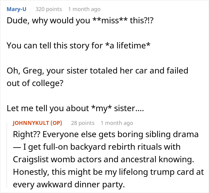 Screenshot of a Reddit discussion about skipping a sister&rsquo;s rebirth party due to discomfort with the ritual.