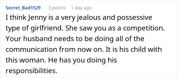 Comment discussing jealousy and communication issues between co-parents amid a misunderstanding involving CPS intervention.