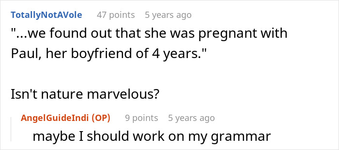 Screenshot of Reddit comments discussing a pregnancy revelation involving a boyfriend and a subtle revenge story. - 39