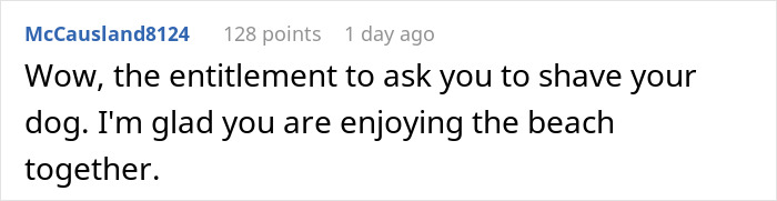 Comment about woman bending over backward for bride's wishes, shocked she must also shave her dog, highlighting entitlement. - 43