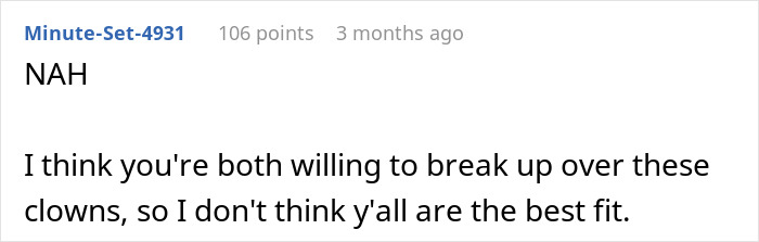 Screenshot of a Reddit comment discussing a breakup caused by a guy's huge clown collection and his girlfriend's dislike. Screenshot of a Reddit comment discussing a breakup caused by a guy's huge clown collection and his girlfriend's dislike.