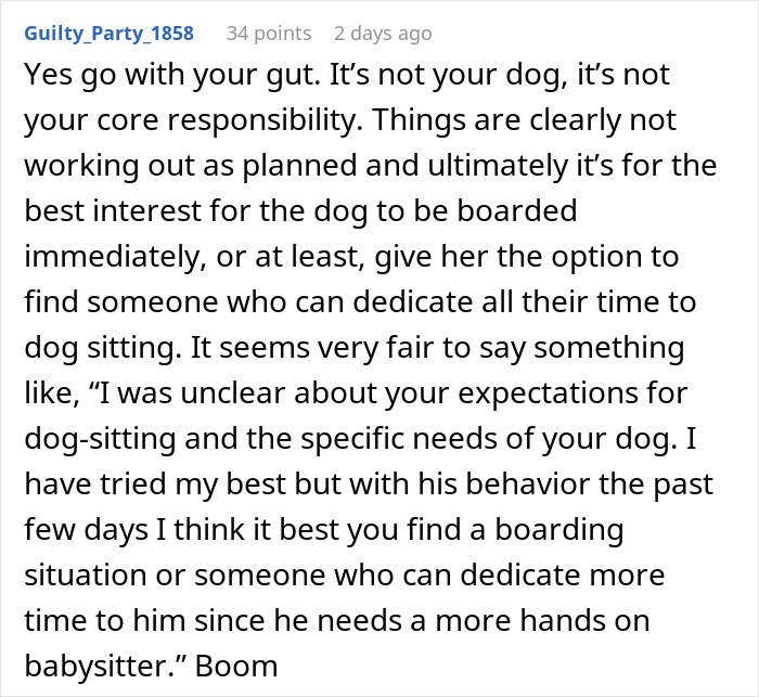 Comment advising to insist a friend board a dog for better care due to the dog's specific needs and behavior challenges.