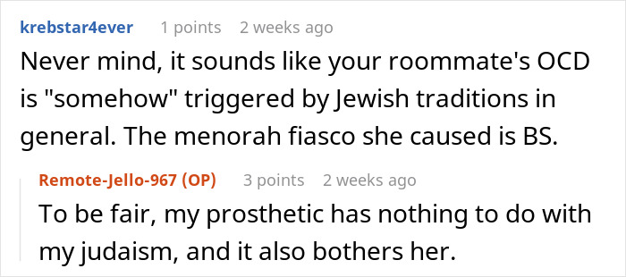 Screenshot of a Reddit conversation discussing a woman&rsquo;s OCD triggered by roommate&rsquo;s Jewish traditions involving a menorah.
