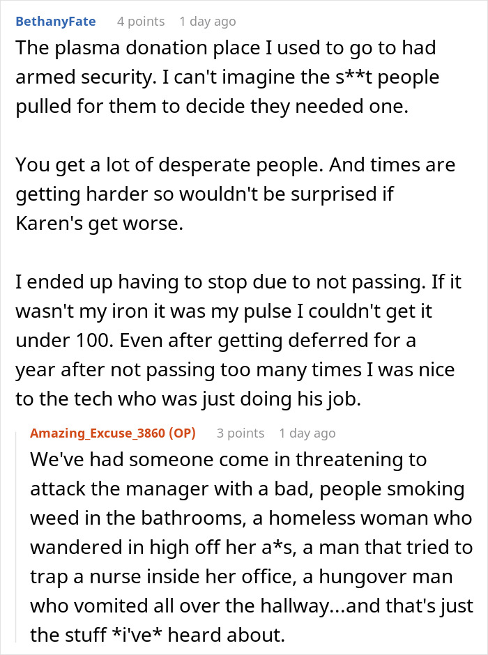 Screenshot of a Reddit discussion about plasma donation challenges, mentioning denial and accusations related to racism. Screenshot of a Reddit discussion about plasma donation challenges, mentioning denial and accusations related to racism.