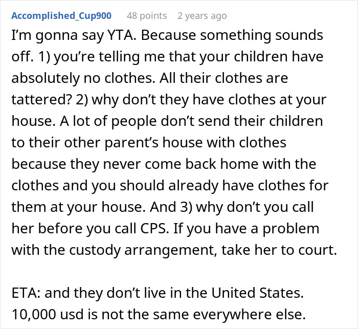 Comment discussing a man paying child support and calling CPS after seeing his children in tattered clothes. - 51