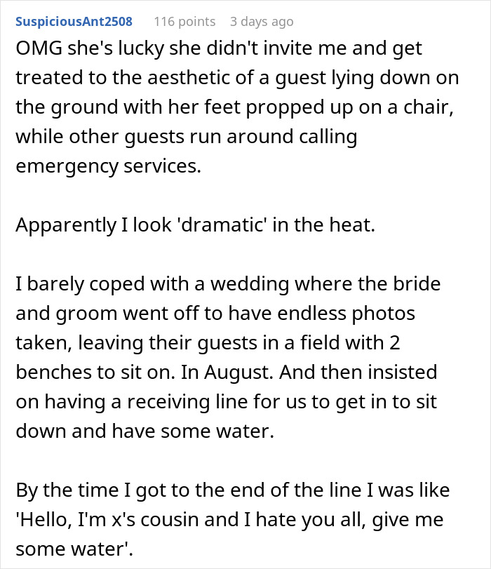 Guest complains about bride banning water bottles at wedding, causing heat exhaustion risks in 102°F temperature for attendees. Guest complains about bride banning water bottles at wedding, causing heat exhaustion risks in 102°F temperature for attendees.
