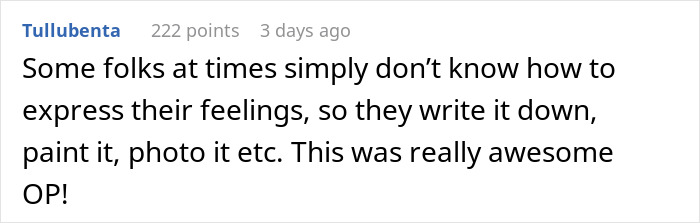 Screenshot of a heartfelt online comment about discovering emotions through writing and art in a storage unit story.