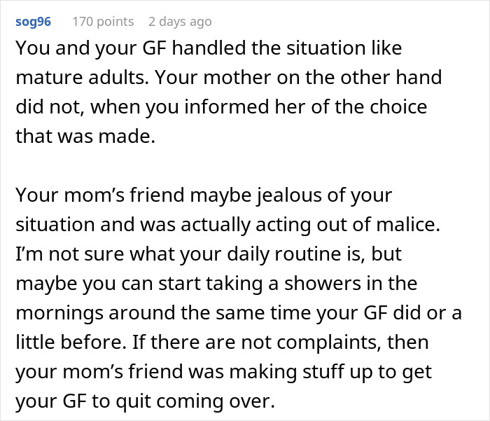 Comment discussing a man confused why his GF stopped visiting mornings and how it caused drama with his mom. Comment discussing a man confused why his GF stopped visiting mornings and how it caused drama with his mom.