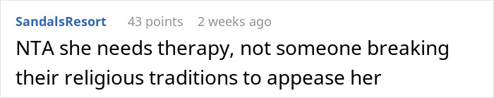 Screenshot of a Reddit comment stating a woman with OCD needs therapy, not someone breaking Jewish traditions.