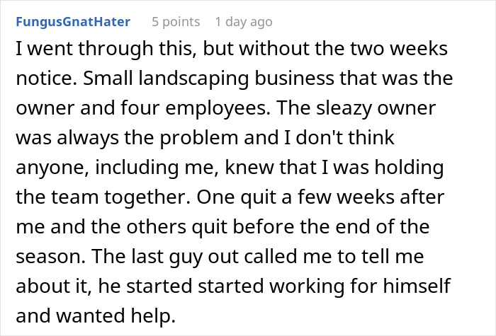 Reddit comment discussing employee experience leaving company after wage cut and dealing with difficult employer. - 33
