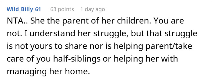 Reddit comment explaining teen&rsquo;s refusal to help stepmom with half siblings after dad goes AWOL.