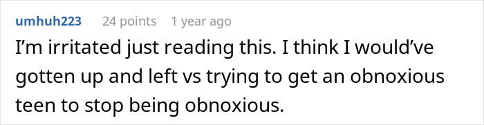 Screenshot of a Reddit comment expressing irritation about a stepmom banning a teen from family dinners for singing. Screenshot of a Reddit comment expressing irritation about a stepmom banning a teen from family dinners for singing.