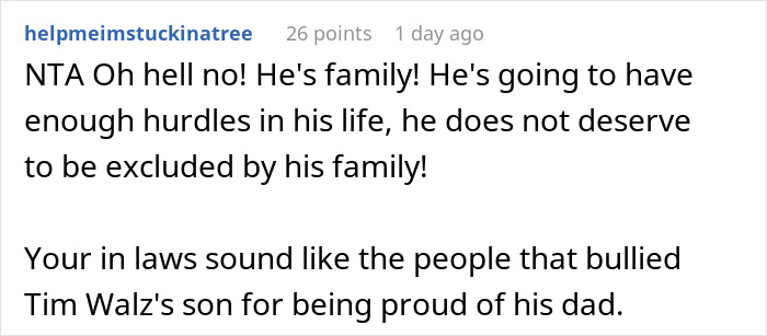 Comment discussing bride called self-centered brat by groom's parents for not excluding autistic nephew from family event. Comment discussing bride called self-centered brat by groom's parents for not excluding autistic nephew from family event.