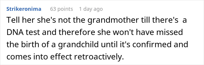 Comment about DNA test for delivery room baby, discussing confirmation and timing of grandchild's birth acknowledgment. - 19