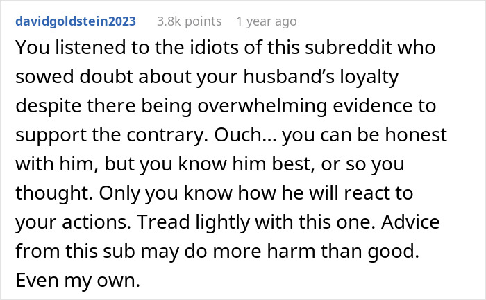 Screenshot of a Reddit comment discussing doubts about a husband&rsquo;s loyalty amid concerns of a possible affair.