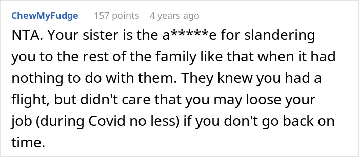 Screenshot of a Reddit comment discussing a woman missing her flight while babysitting niece and facing family conflict. - 13