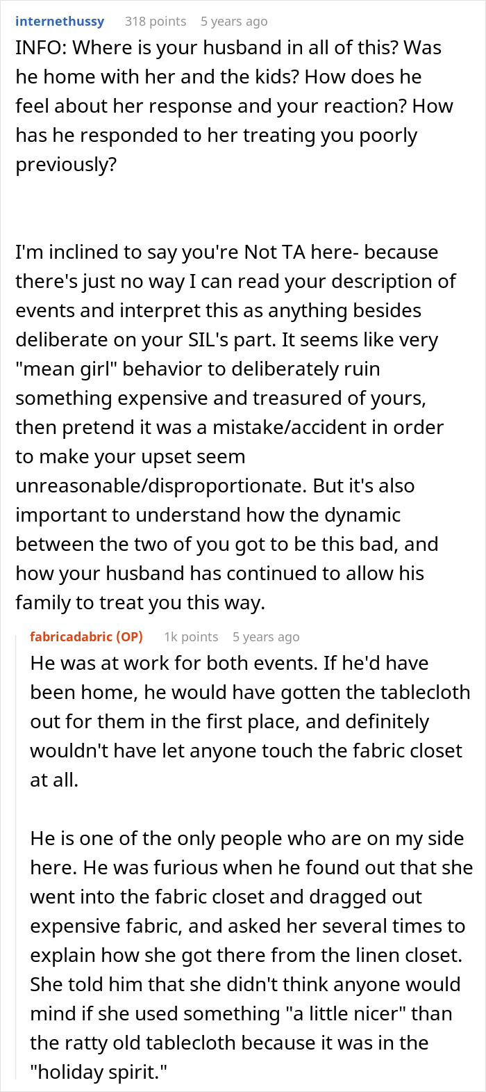 Forum discussion about woman’s beloved $25 yard fabric ruined by guest’s kids and her request for replacement. - 28