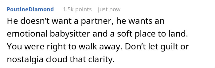 Comment text about emotional boundaries and co-parenting, advising not to let guilt or nostalgia affect decisions. Comment text about emotional boundaries and co-parenting, advising not to let guilt or nostalgia affect decisions.