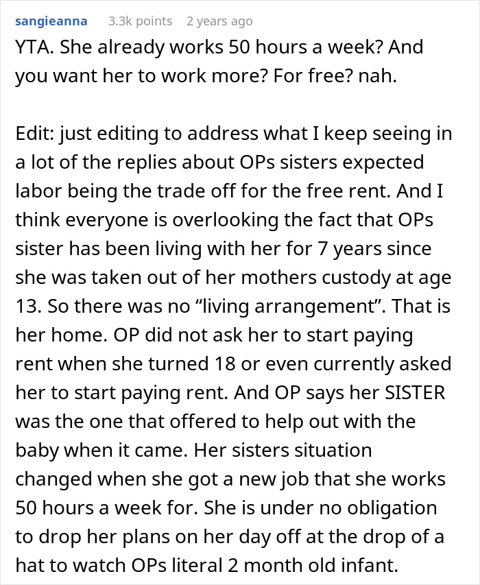 Comment discussing a nanny working 50 hours a week and her sister expecting free babysitting on off days.