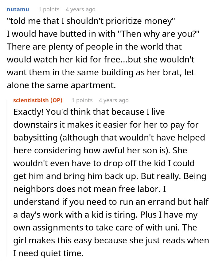 Reddit conversation discussing neighbor refusing to babysit undisciplined kid and the mom's negative reaction.