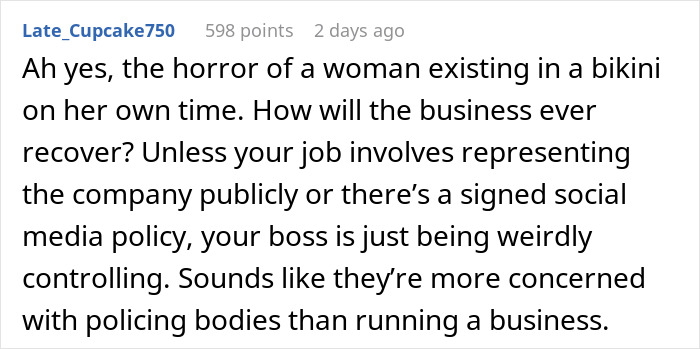 Comment discussing a boss who doesn’t want employee bikini pictures posted as controlling and unrelated to business. - 10