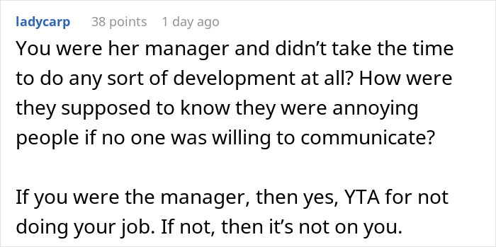 Screenshot of a Reddit comment discussing responsibility in a friend getting fired situation.