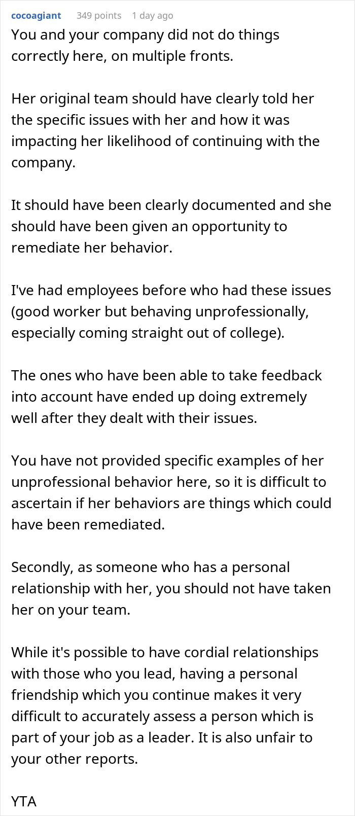 Reddit comment discussing workplace issues and leadership challenges related to a friend getting fired and super fired.