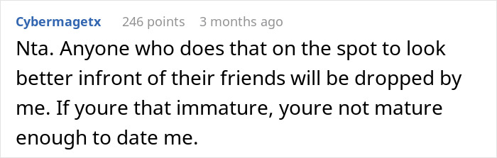 Screenshot of a forum comment discussing a boyfriend asking for payment in front of friends and getting mad when refused. - 17