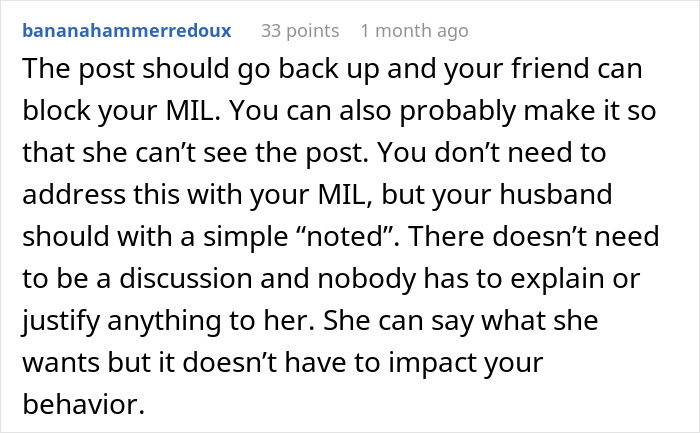 Comment advising to block MIL from seeing the post about woman battling cancer asking for help, despite MIL calling it tacky. - 20
