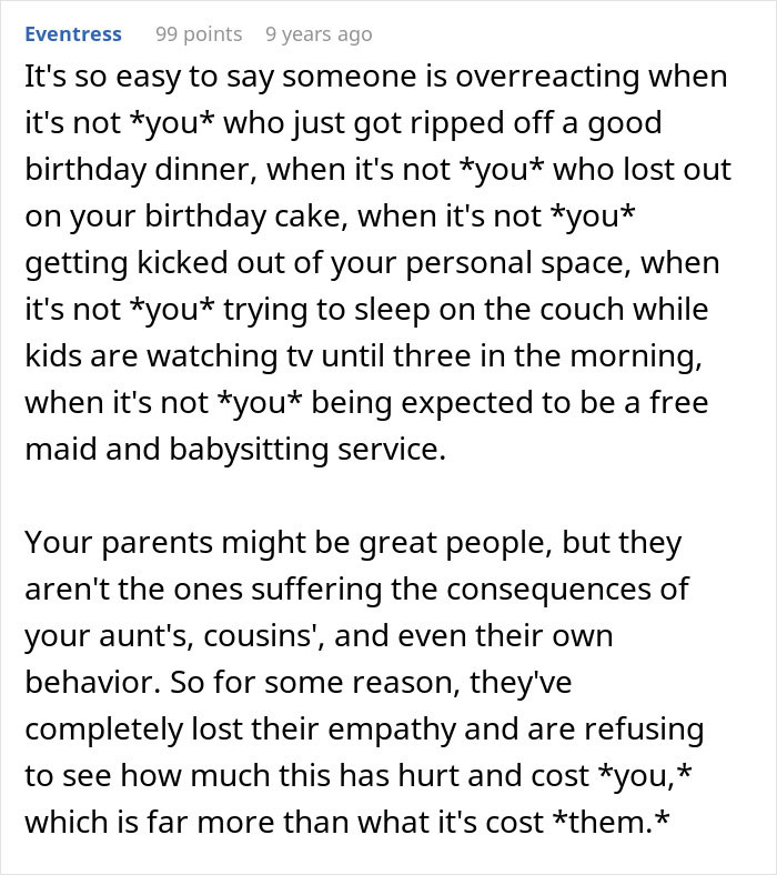 Text conversation about aunt invading home, demanding free childcare, and causing mess during woman’s birthday celebration. - 15