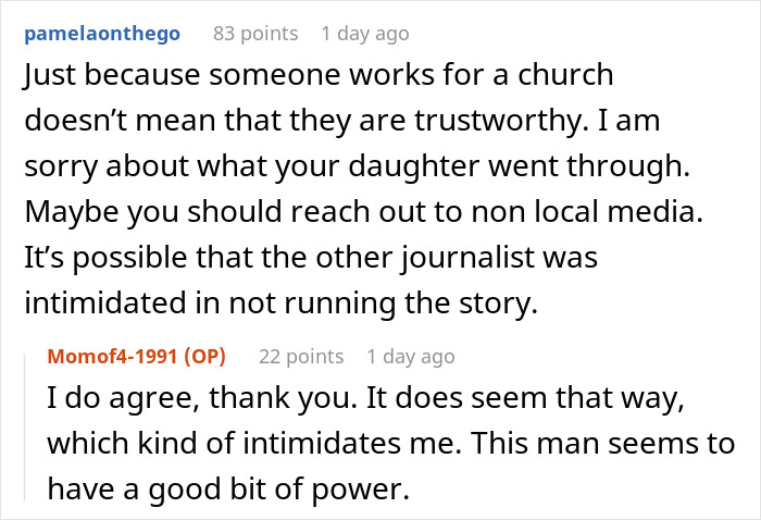 Screenshot of an online discussion about trust and concerns related to a daughter at a church camp in Houston.