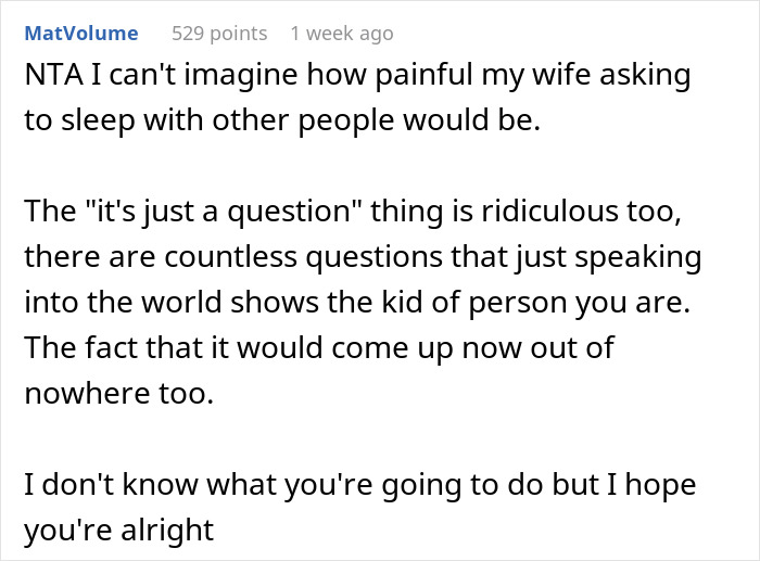 Comment expressing pain over wife suggesting polyamory after one year of marriage, highlighting emotional difficulty and shock factor. - 25