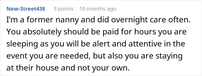 Comment from former nanny discussing overnight work hours and fair pay for being alert and attentive while on duty. - 34