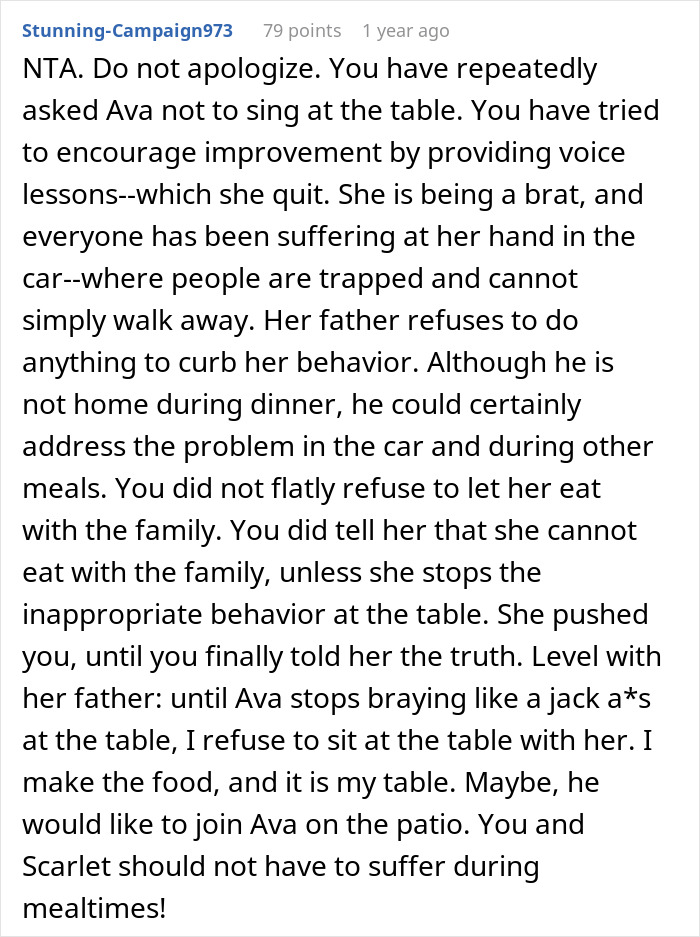Comment explaining stepmom bans teen from family dinners for singing, highlighting family dinner and teen behavior issues. Comment explaining stepmom bans teen from family dinners for singing, highlighting family dinner and teen behavior issues.